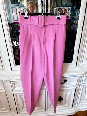 Zara Pink High-Waist Belted Ankle Trousers M